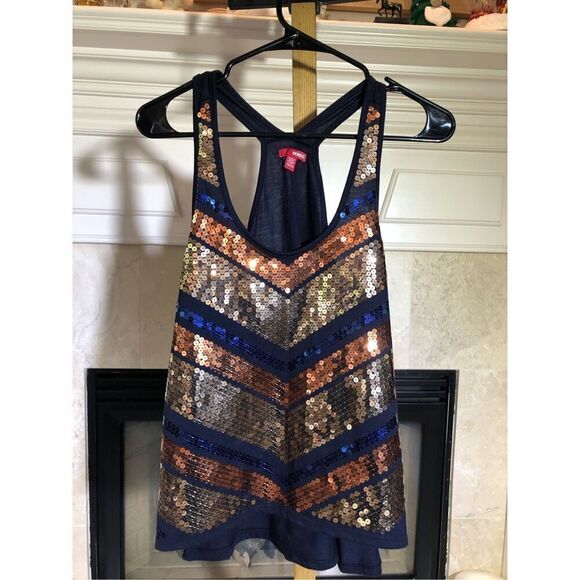 Bongo Women’s Navy Blue With Sequin Stripes Tank Top Size M - Picture 1 of 5